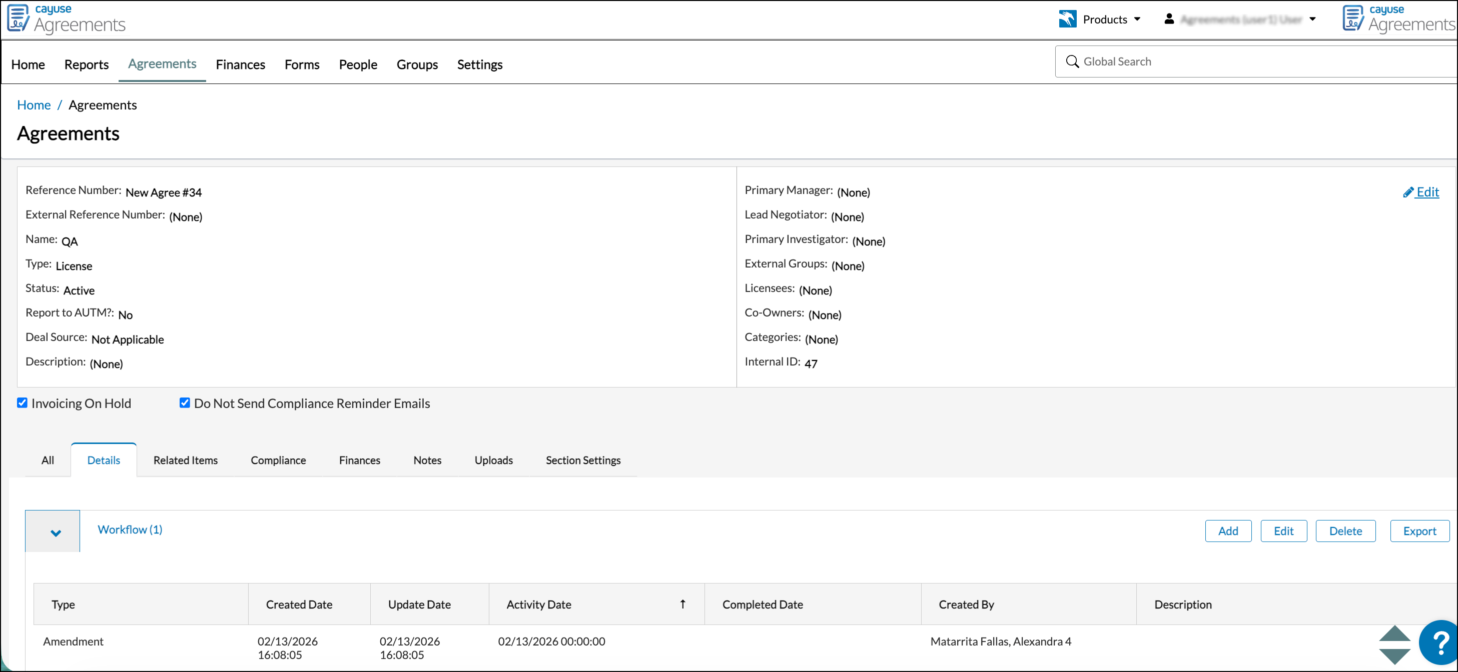 Agreement detail page showing key fields and status