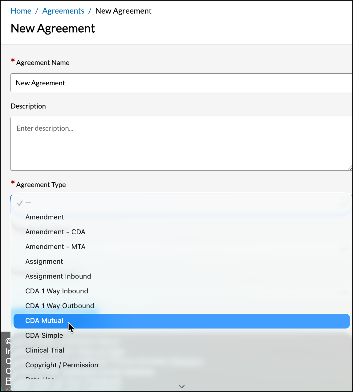 Agreement type selector dropdown