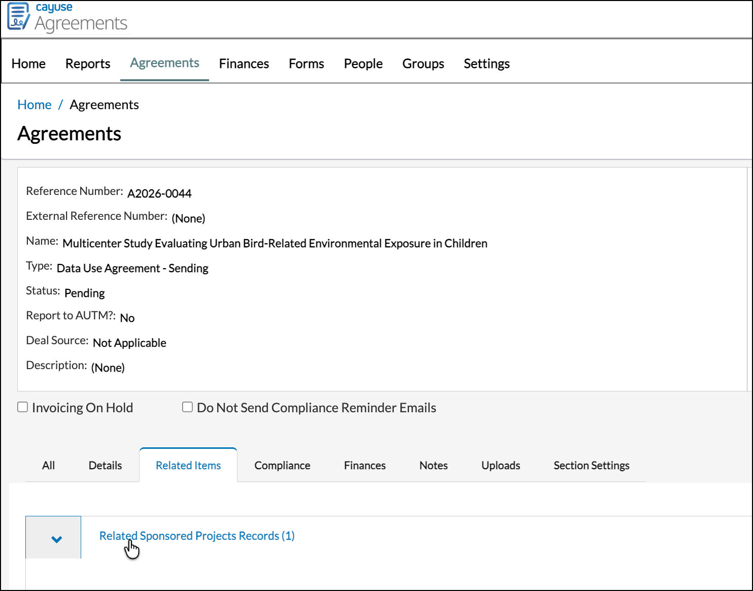 Click Related Items and then Related Sponsored Projects Records