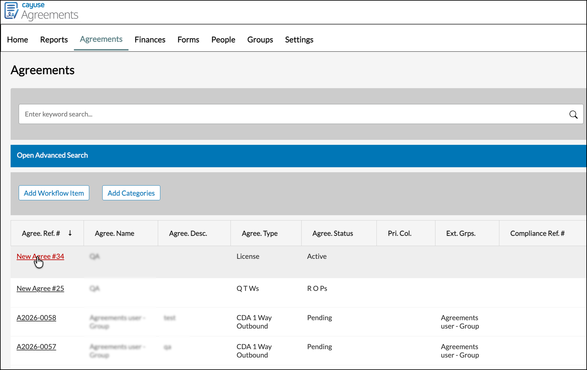 Select Agreement record to link