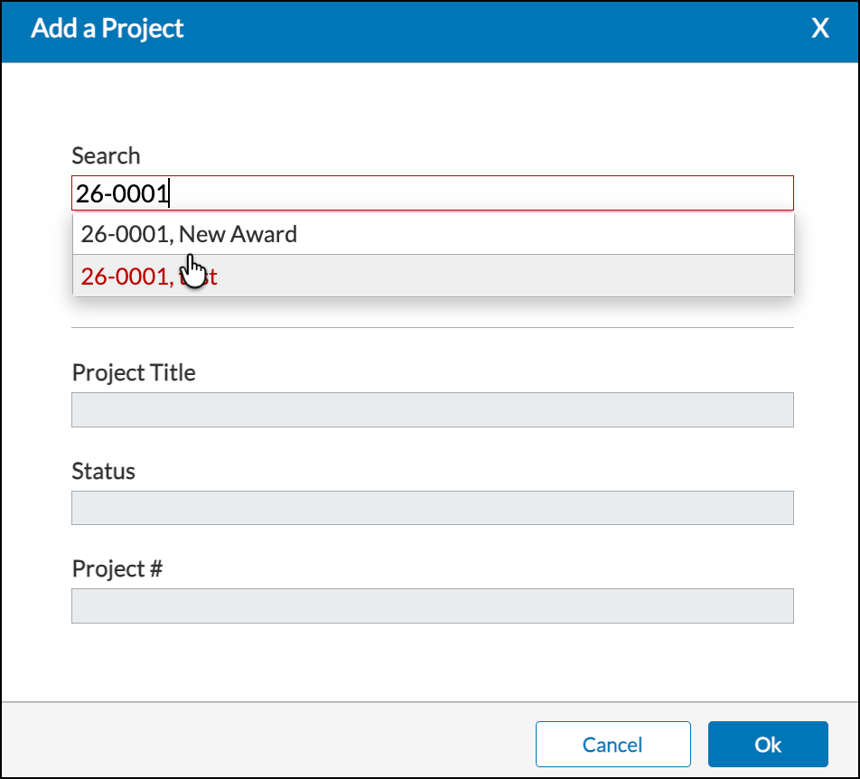 Search for Award or Proposal to link