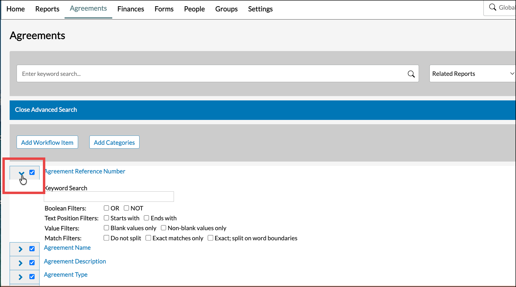 Advanced Search panel with the Agreement Reference Number field expanded, showing Keyword Search, Boolean, Text Position, Value, and Match filter options.