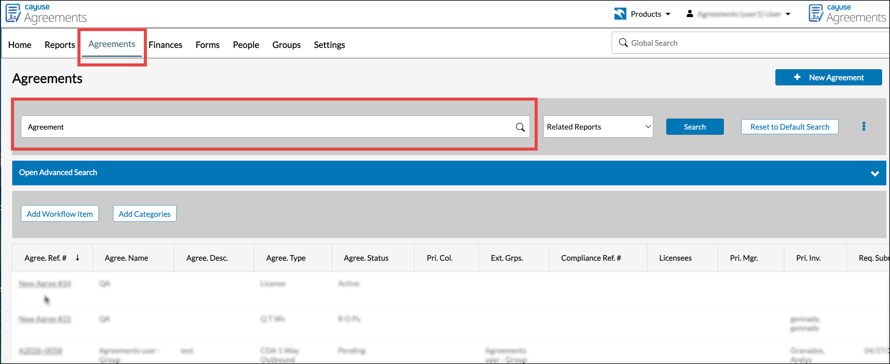 Cayuse Agreements interface with the global search bar highlighted in the top navigation.
