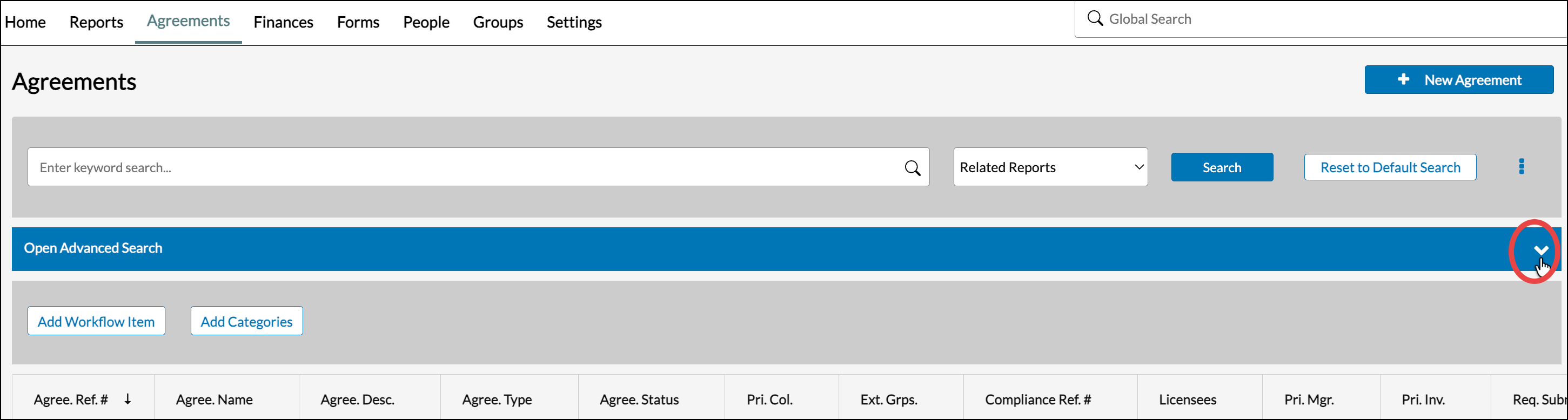 Agreements page with the collapsed Open Advanced Search bar, with the dropdown arrow on the right side highlighted.