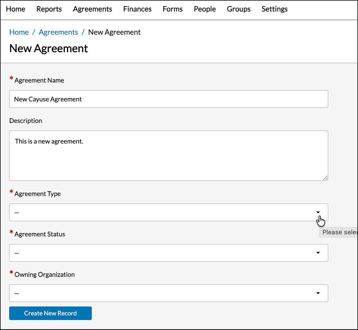 Fill out each field in the New Agreement page.