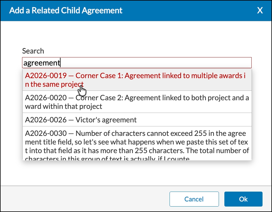 Search for agreement name, select agreement, and click Ok.