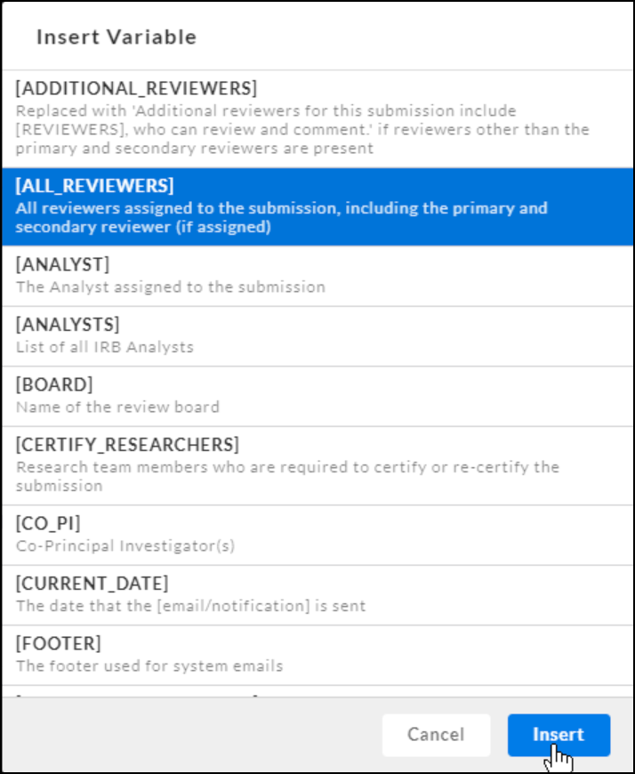 Variable selection dialog showing available template variables