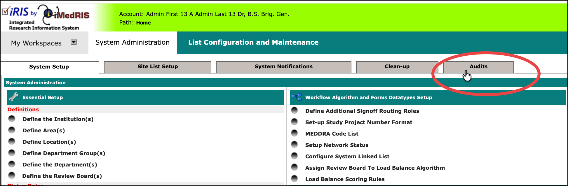 List Configuration and Maintenance page with the Audits tab highlighted.