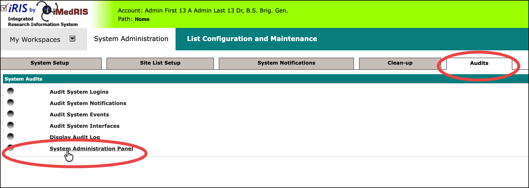 Audits page with the System Administration Panel option highlighted.