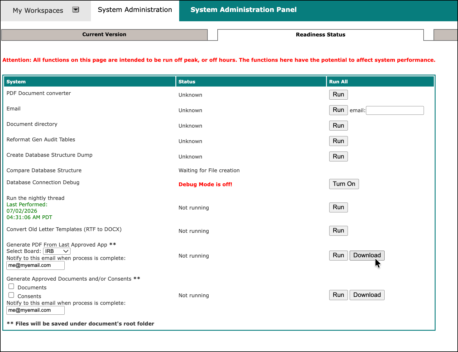 Readiness Status page displaying the current readiness status information and Download and Run buttons.