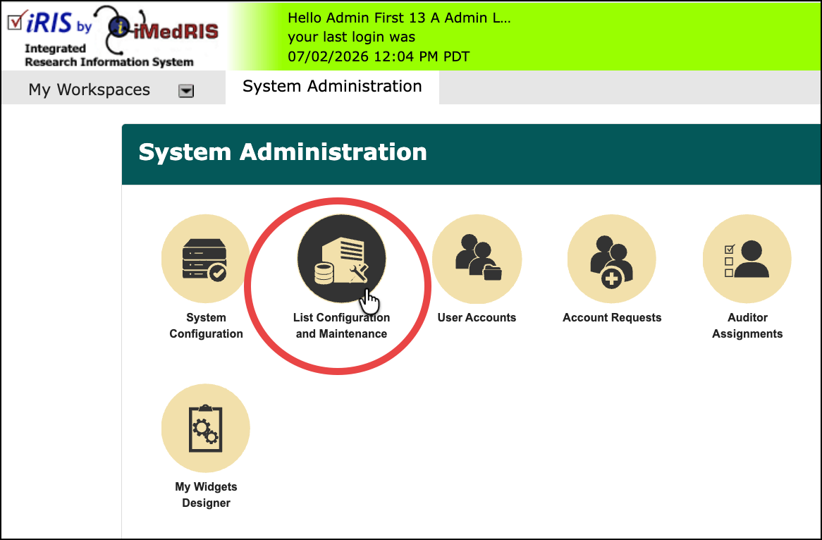 iRIS dashboard with the List Configuration and Maintenance option highlighted.